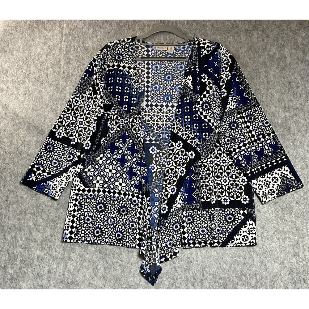 Chicos Easy Wear Top Womens 3 XL Blue Geometric Front Tie Stretch Packable Boho